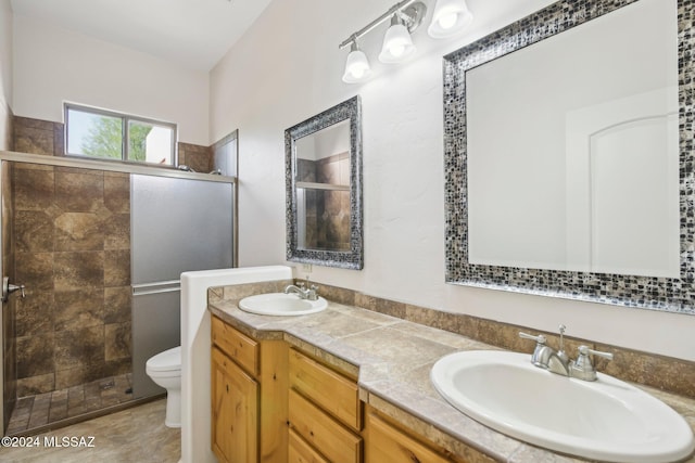 bathroom featuring a shower with door, vanity, and toilet