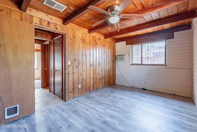 unfurnished room featuring ceiling fan, wooden ceiling, hardwood / wood-style floors, beamed ceiling, and wooden walls