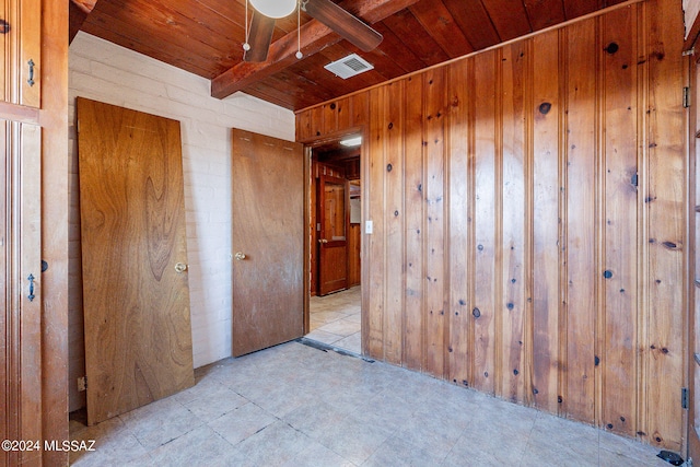 unfurnished bedroom with ceiling fan, beam ceiling, light tile floors, wood walls, and wooden ceiling