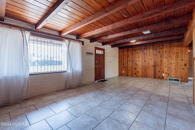 interior space with beamed ceiling, wood ceiling, and wood walls