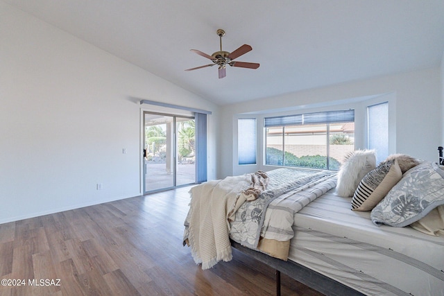 bedroom with ceiling fan, wood-type flooring, access to exterior, and vaulted ceiling