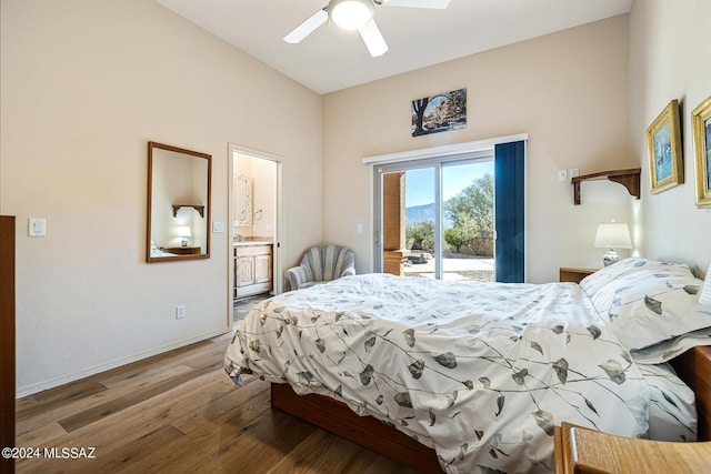 bedroom featuring lofted ceiling, access to outside, ceiling fan, connected bathroom, and wood-type flooring