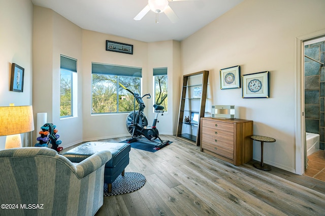 exercise area with light hardwood / wood-style flooring and ceiling fan