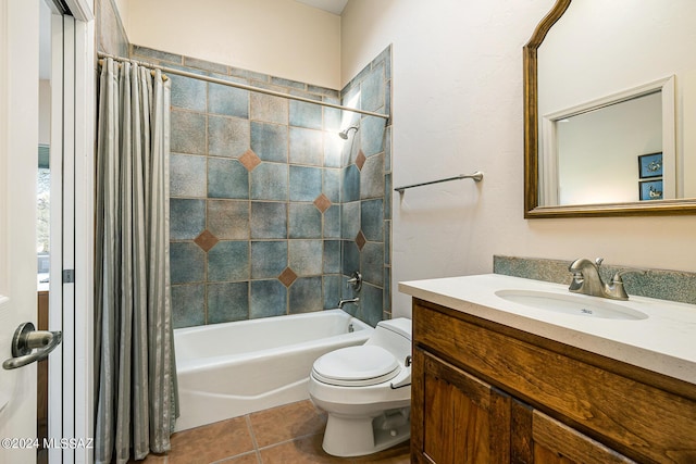 full bathroom featuring vanity, tile patterned flooring, shower / bathtub combination with curtain, and toilet