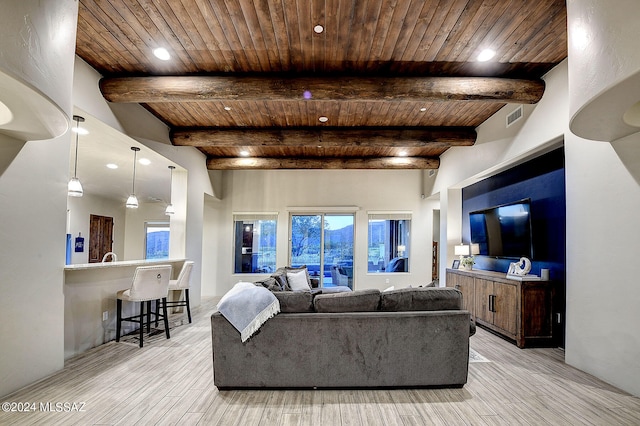 living room featuring beam ceiling and wood ceiling