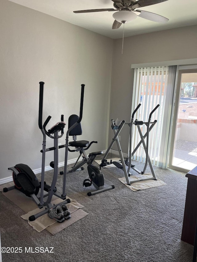 exercise room with carpet flooring and ceiling fan