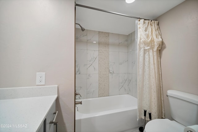 full bathroom featuring toilet, vanity, and shower / tub combo with curtain