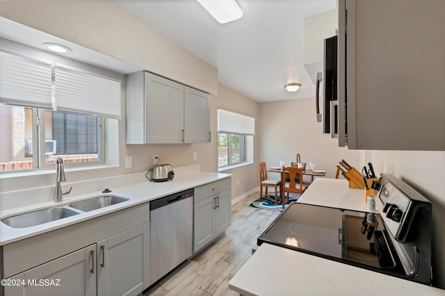 kitchen featuring gray cabinets, sink, and appliances with stainless steel finishes