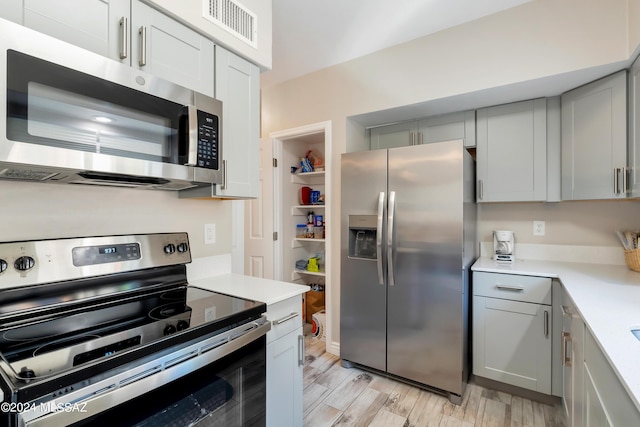 kitchen featuring stainless steel appliances, light hardwood / wood-style floors, and gray cabinetry