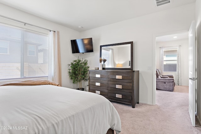 bedroom with light carpet