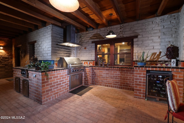 bar featuring wood ceiling, ventilation hood, beverage cooler, and brick floor
