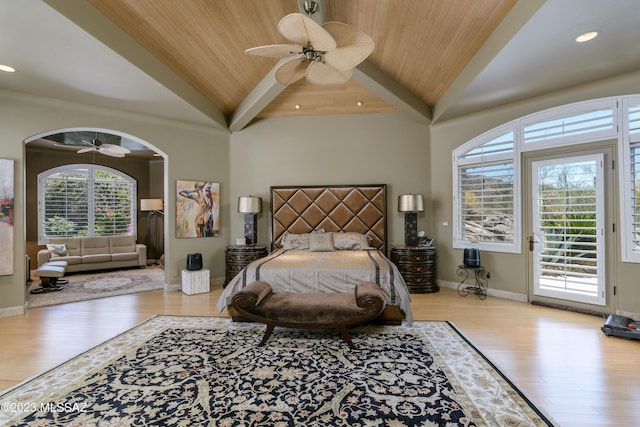 bedroom with ceiling fan, wooden ceiling, access to outside, and multiple windows