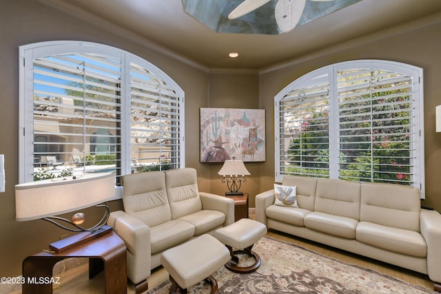 living room featuring ceiling fan and a healthy amount of sunlight