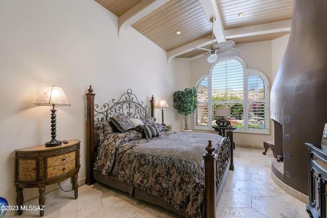 bedroom with vaulted ceiling with beams, ceiling fan, and wooden ceiling