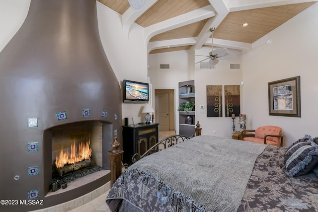 bedroom featuring beam ceiling, wood ceiling, and high vaulted ceiling