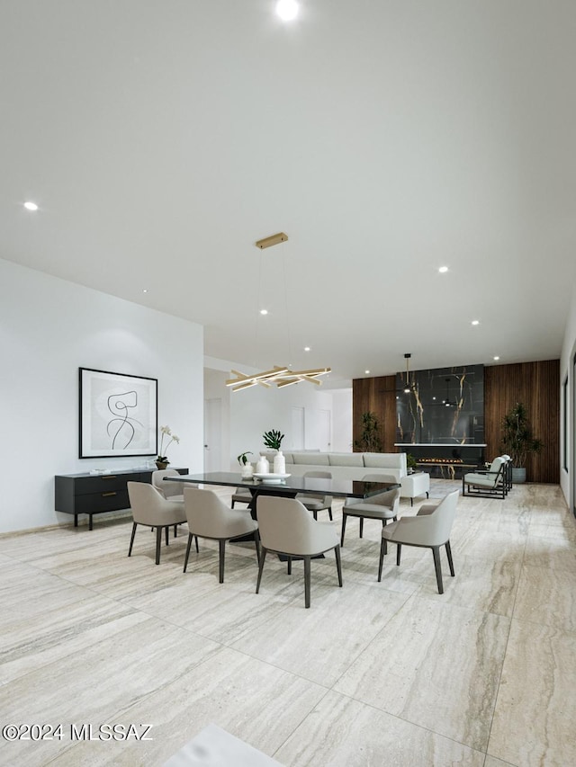 dining area with wood walls