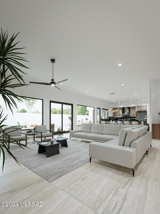 living room with ceiling fan