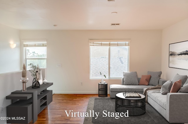 living room with hardwood / wood-style floors and a healthy amount of sunlight