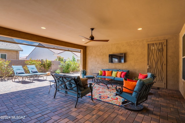 view of patio / terrace featuring ceiling fan and an outdoor hangout area