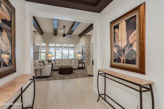 hallway with beamed ceiling