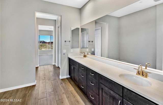 bathroom with hardwood / wood-style floors and vanity