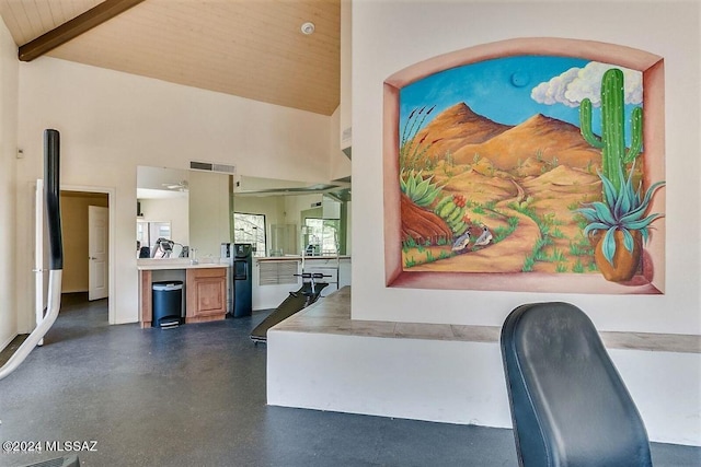 office space with concrete flooring, high vaulted ceiling, wooden ceiling, visible vents, and beam ceiling