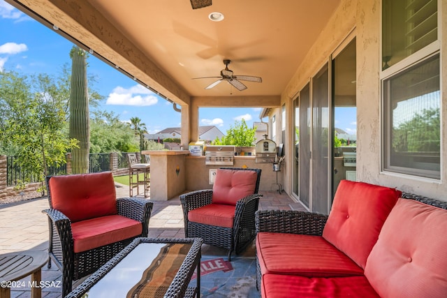 view of patio / terrace featuring outdoor lounge area, grilling area, area for grilling, and ceiling fan