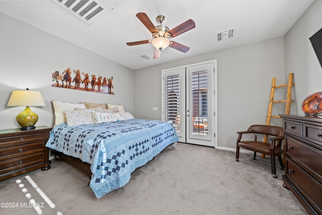 carpeted bedroom featuring ceiling fan and access to outside