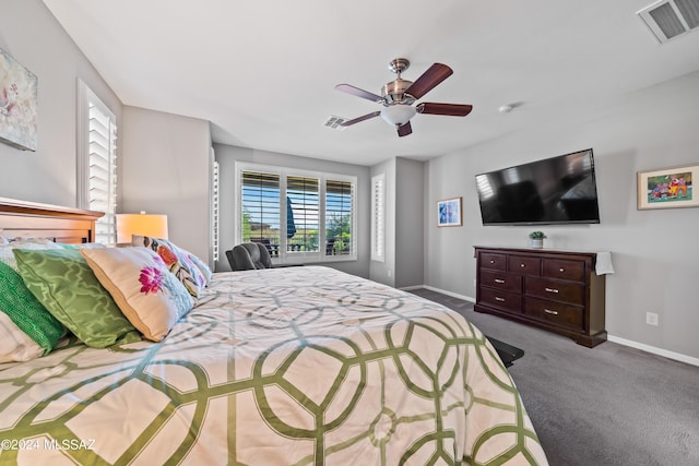 bedroom featuring ceiling fan and carpet floors