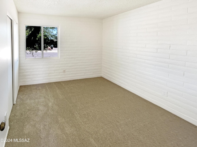 carpeted empty room featuring brick wall and a textured ceiling