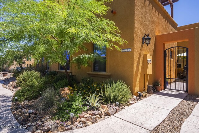 doorway to property with a patio and stucco siding