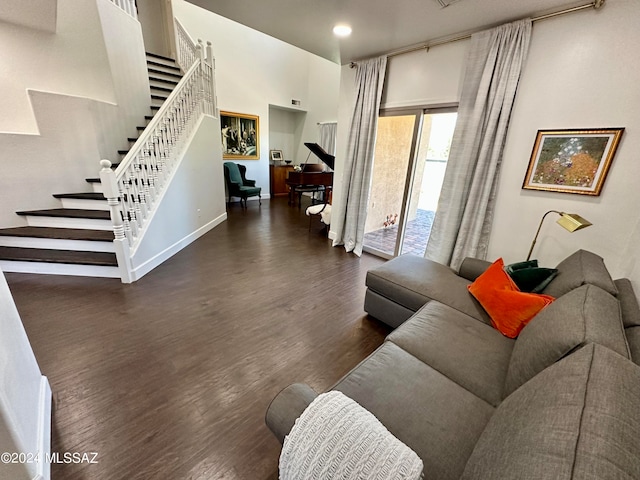 living room featuring dark wood-type flooring