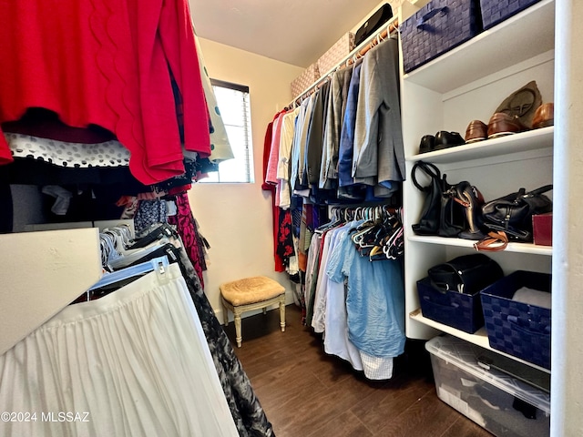 walk in closet with dark wood-type flooring