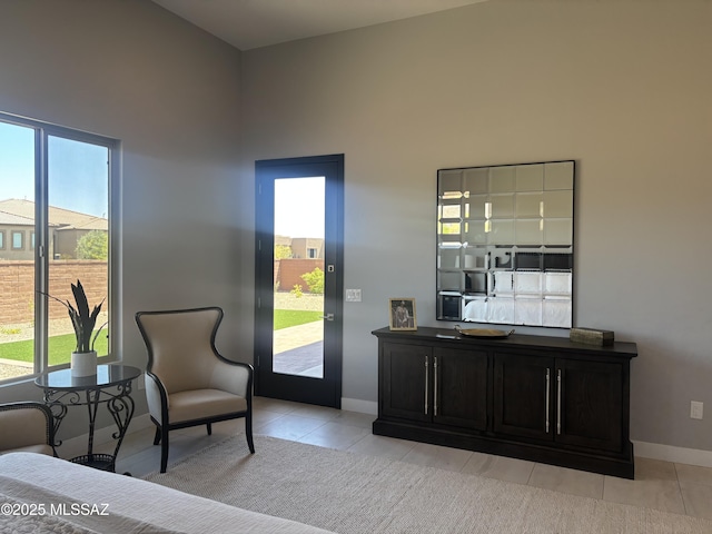 bedroom with access to exterior, multiple windows, and baseboards