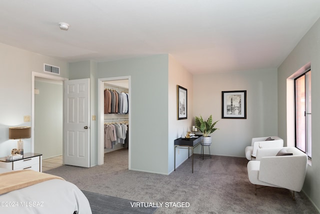 carpeted bedroom with a spacious closet, multiple windows, and a closet