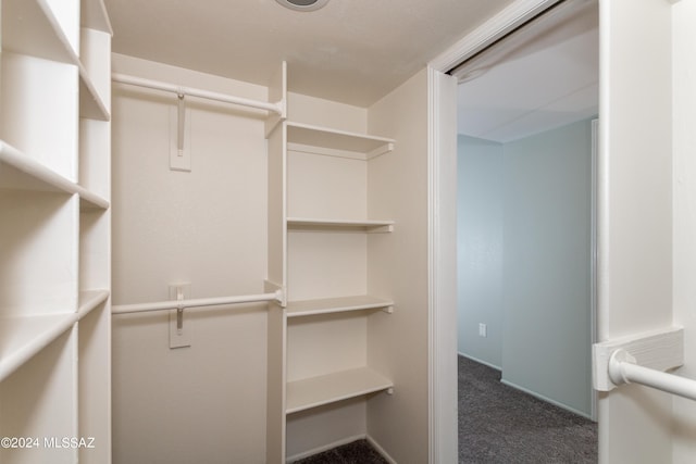 spacious closet featuring dark carpet