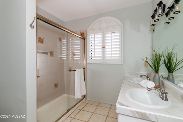 bathroom with tile patterned flooring, vanity, and walk in shower