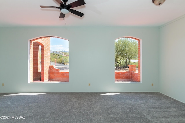 unfurnished room with ceiling fan and carpet floors