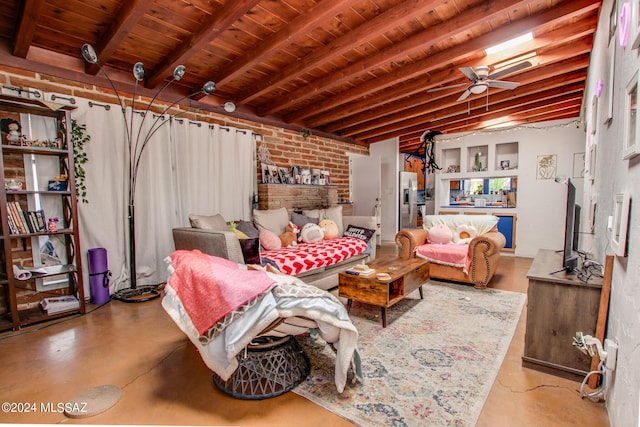 living room with beamed ceiling, brick wall, ceiling fan, and wood ceiling