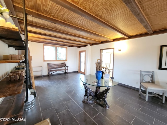 interior space with beamed ceiling and wooden ceiling