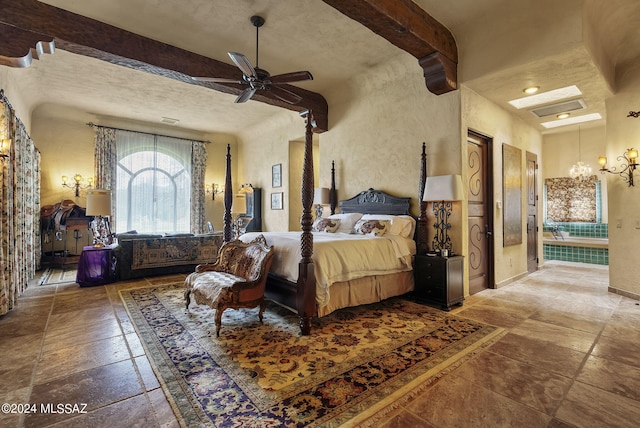 bedroom with ceiling fan, beam ceiling, and ensuite bath