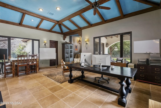 office area with ceiling fan and high vaulted ceiling