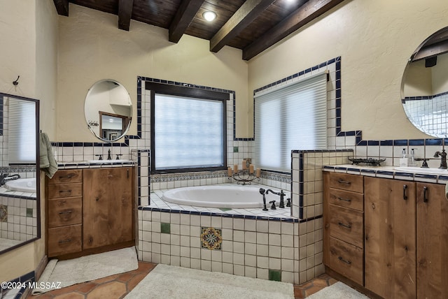 bathroom featuring tile patterned floors, vanity, wood ceiling, and beamed ceiling