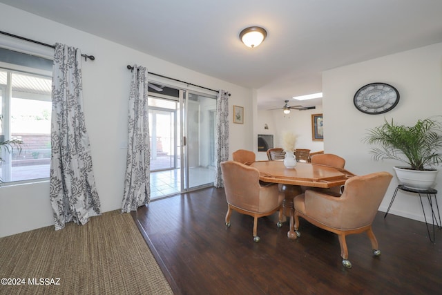 dining area featuring dark hardwood / wood-style floors, plenty of natural light, and ceiling fan