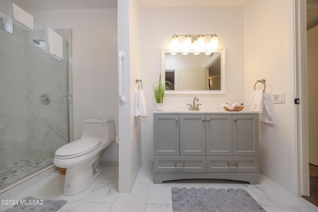 bathroom featuring walk in shower, vanity, and toilet