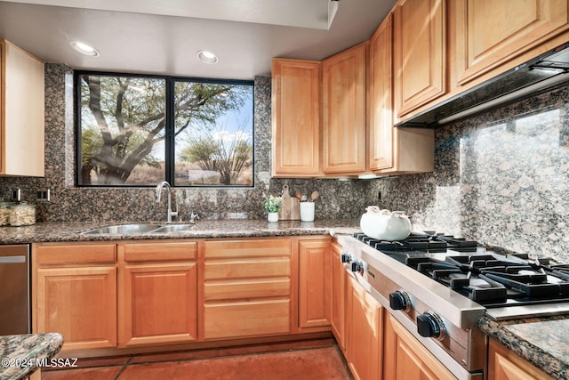 kitchen with dark stone counters, sink, appliances with stainless steel finishes, and tasteful backsplash