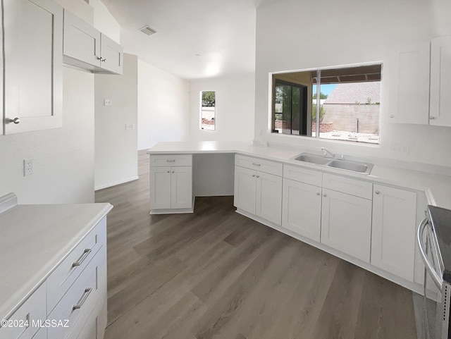 kitchen with sink, dark hardwood / wood-style floors, kitchen peninsula, white cabinets, and range