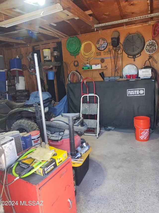 garage with a workshop area