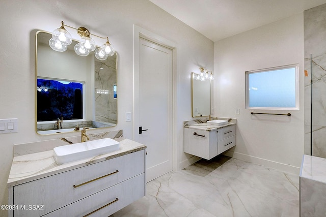 bathroom featuring walk in shower and vanity