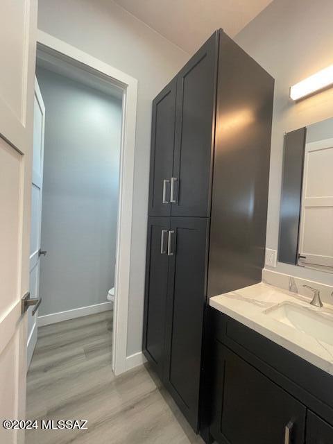 bathroom featuring vanity, hardwood / wood-style flooring, and a tile shower